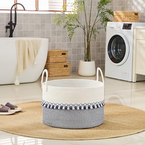 KAKAMAY Large Blanket Basket with Handles, Storage Basket for Living Room - color: White and Blue
