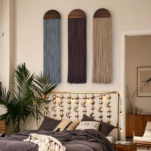 Macrame Wall Hanging Long Fringe Boho Wall Decor Handmade Wood 10" W*40" L - color: Espresso/Charcoal Gray/Caramel