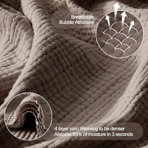 WDCOZY 100% Cotton Muslin Blanket Queen Size 4-Layer for Bed Breathable Lightweight Soft Large Boho Farmhouse Linen Tassels Ruffle Gauze Blankets 90x90 Inches Brown Mocha Chocolate Coffee Taupe - color: Mocha, size: Queen (90"x90")