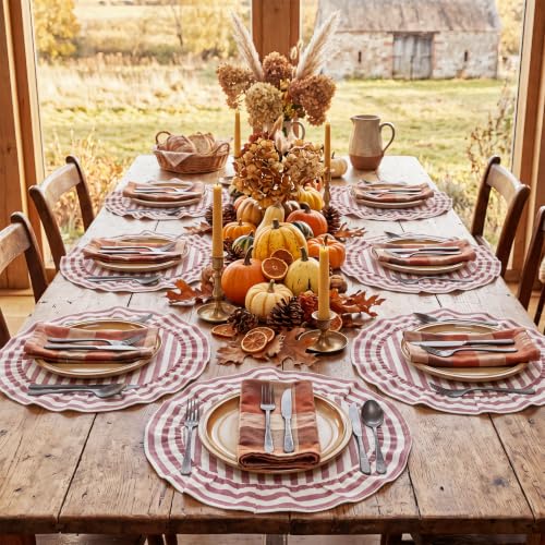 Set of 6 Round Placemats Ruffle Red and White Striped Placemats - color: Round, style: Red