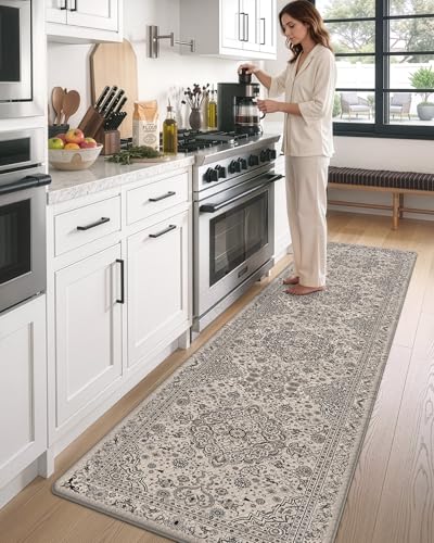 DEXI Kitchen Floor Mats Cushioned Anti Fatigue Runner 24x87 Beige Grey - color: Beige/Grey, size: 87"L x 24"W x 0.4"Th