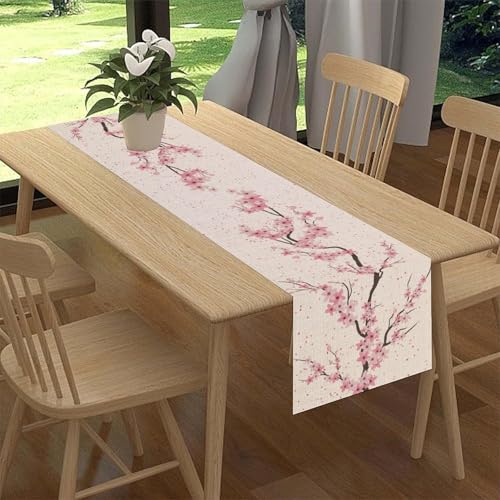 Cherry Blossom Table Runner, Japanese Pink Floral Asian Oriental Eastern Floral Seasonal Print Table Decor for Family Kitchen Farmhouse Holiday Party Table Decorations Indoor or Outdoor 13x36 inch - color: Cherry Blossom-4, size: 13x36" Table Runner