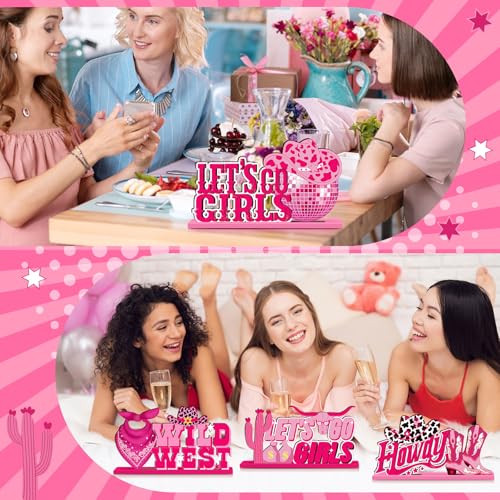 CroBlissful 6 Pcs Western Cowgirl Party Decorations Wooden Let's Go Girls Table Centerpieces Pink Disco Cowgirl Table Decor for Western Girl Birthday Bachelorette Spring Rodeo Party Supplies - style: Cowgirl
