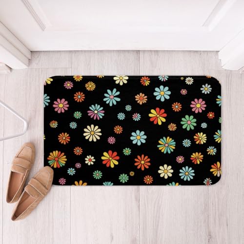 jejeloiu Retro Colorful Daisy Bathroom Rugs Microfiber 16"x24" Botanical Floral Printed Bath Mats Non-Slip Blossom Flowers Pattern Bathroom Accessories Natural Theme Floor Doormats Soft Door Mat - color: Black Yellow Blue, size: 16"x24"