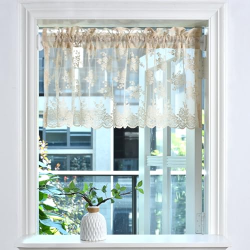 Kotile Beige Lace Valance Curtain for Kitchen Window W52 x L18 Inch 1 Panel - color: Beige