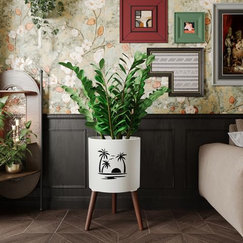 12Inch Planter Pot with Stand, Planter for Indoor Plants, Modern Large Flower Planter Pot with Drainage Holes for Outdoor White & Black Palm - color: White & Black Palm, size: 12 Inch