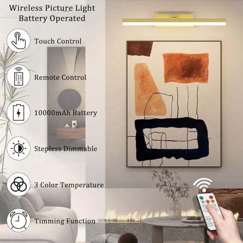 15.5In Battery Operated Picture Light 10000mAh Rechargeable Art Light Wireless Gallery Light 3CCT Dimmable for Paintings - color: Gold
