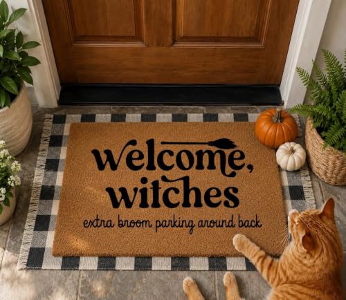 Personalized Halloween Welcome Mat for Front Door, Custom Family Name & Text Doormat, Spooky Pumpkin Bat Ghost Design, Natural Coir Outdoor Indoor Entry Mat, Non Slip Seasonal Porch Decor