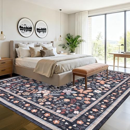 GarveeHome Area Rugs 9x12 Living Room Floral Machine Washable Black - color: Black, size: 9' x 12' (Rectangular)