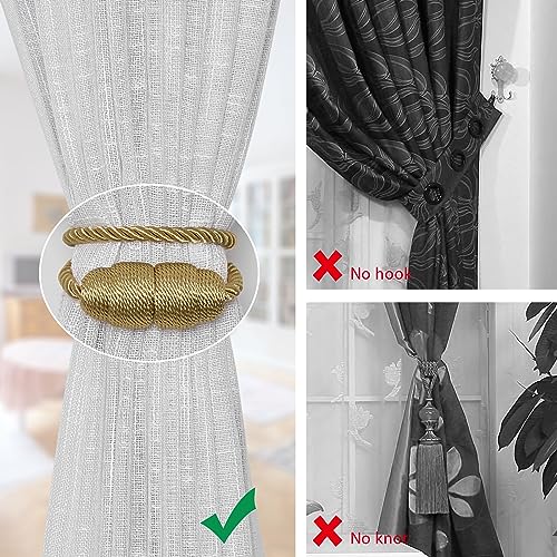 NICEEC 2 Pack Strong Magnetic Curtain Tiebacks Handmade Weave Side Rope Curtain Holdbacks Unique & Elegant Decorative Curtain Drape Tie Backs for Home & Office & Outdoor Window Drapery (Gold) - color: Gold, size: 2 Pack