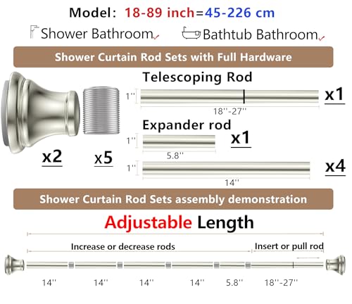 Brushed Nickel Tension Shower Curtain Rod – Adjustable 18-89 Inches, Fits 20-88 Inch Spaces, No Drill Rust Resistant Spring Rod for Bathroom, Kitchen, Bedroom, Balcony - color: Brushed Nickel, size: 18-89 inch