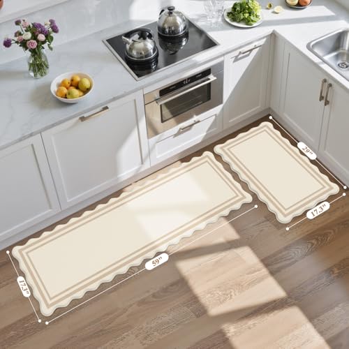 KIMODE Anti Fatigue Kitchen Mats,Beige Boho Kitchen Rugs,Modern Home Decor - color: Beige, size: 17.3" x 59"+17.3" x 29"--0.47 inches