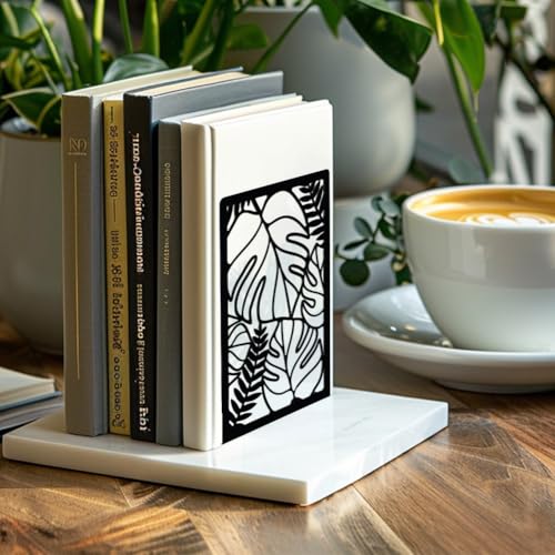 Peacoblue 5.3"x4.3"x7.9" Metal Bookends, Heavy Duty Book Ends for Shelves - color: Tropical Monstera Deliciosa Leaves