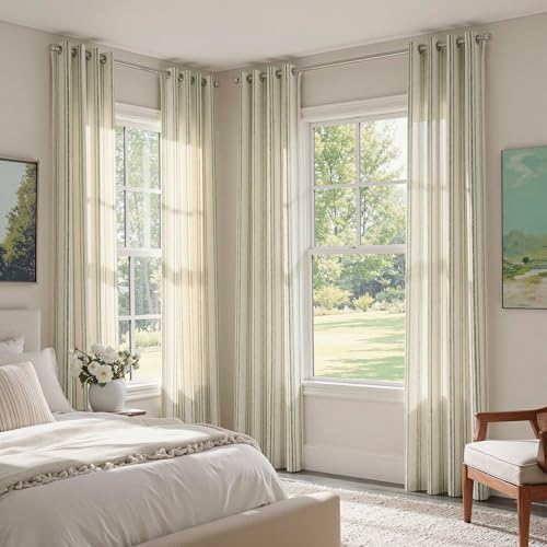 MYSKY HOME Green Striped Linen Curtains for Bedroom 63 Inches 2 Panels - color: Green, size: 52"W x 63"L (Pack of 2)