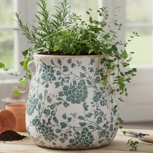 Tuscan Ceramic Planters & Kitchen Utensil Holder, 6.68" Vintage Plant Pots - color: Dark Cyan