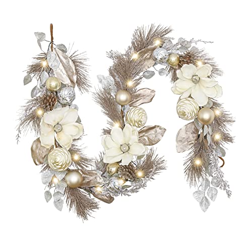 Valery Madelyn 6 Feet Pre-Lit Christmas Garland with White Gold Flower - color: Champagne Gold, size: 6 feet