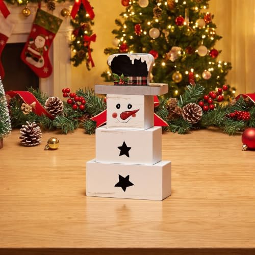 Smile 3 Pcs Winter Christmas Indoor Decoration, Wooden Sign Tabletop Retro Decor, Snowman Blocks, Ornaments for Home Shelf Mantel Fireplace. - style: Snowman