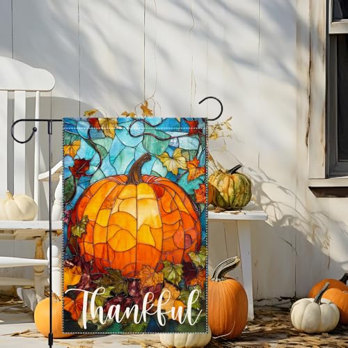 Thankful Thanksgiving Garden Flag, Fall Garden Flags for Outdoor Decor 12x18 Inch Autumn Stained Glass Pumpkin Maple Leaf Double Sided Small Burlap Outside Porch Lawn Yard Decorative Flags - color: RMQ-1099, size: 12"X18"