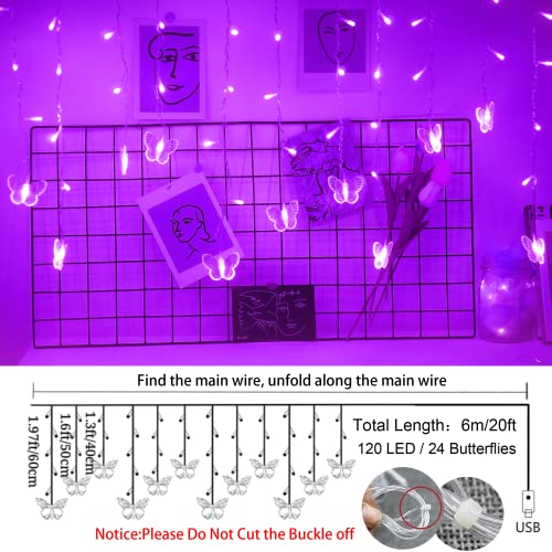 Purple Butterfly Curtain Fairy Lights USB Plug in,120 LED 8 Modes 20FT Firefly Twinkle Icicle String Lights with Remote Timer Waterproof for Halloween Bedroom Christmas Wedding Party Dorm - color: Purple