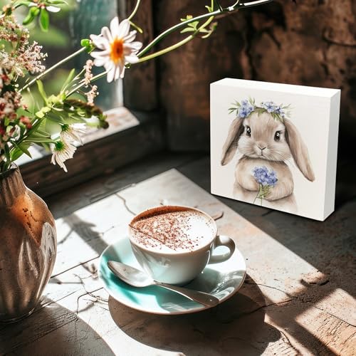 Easter Wooden Box Sign - Retro Bunny Spring Desk Decor, Easter Decorations, Bunny Spring Floral Wooden Box Sign for Home Shelf Desk Table 5x5 Inch - color: Myosotis