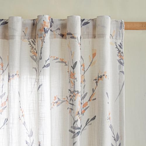 MYSKY HOME Floral Sheer Curtains 84 Inch Long Linen Blended 2 Panels Yellow - color: Yellow, size: 50"W x 84"L (Pack of 2)