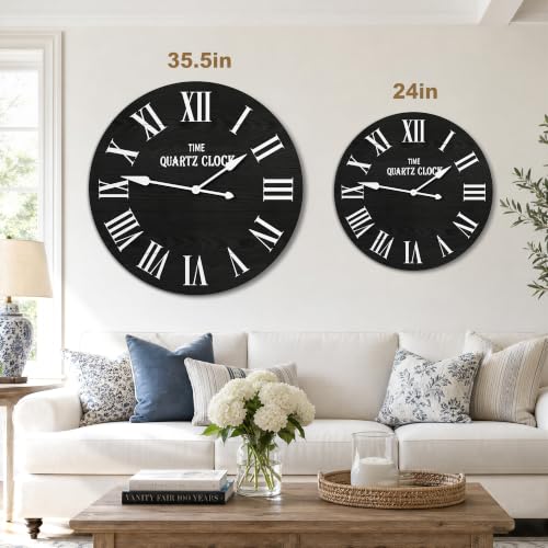 ARTPOWER 35.5" Extra Large Farmhouse Wall Clock,Solid Wood Veneer,Black - color: Black, size: 35.5"W x 35.5"H