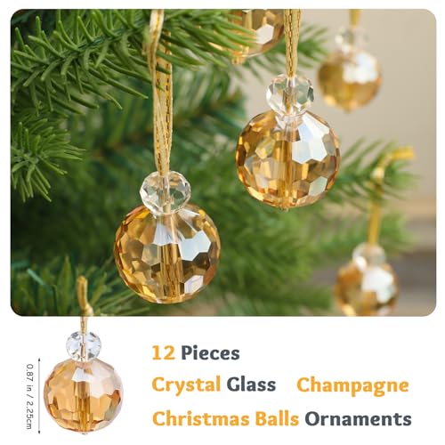 12 Pcs Crystal Glass Christmas Balls Ornaments, 0.87" Mini Prism Ball Christmas Tree Decorations, Hanging Crystal Ornament Clearance for Xmas Wedding Party Home Decor (Gold) - color: Gold