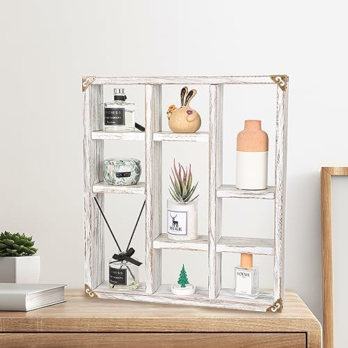 17.7x15.7-Inch Shadow Box Shelf 9-Slot Rustic Floating Shelves Larger Wall Mounted Shelf Lightweight Solid Wood Display Shelf Freestanding Farmhouse(9C-Rustic White) - color: 9c-rustic White, size: 1 PCS