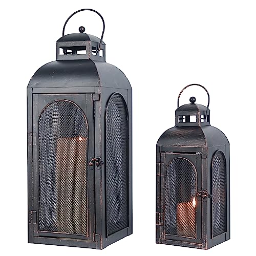 럭셔리 랜턴 장식 야외 및 실내, 2개 세트 (48.3cm(19인치) 및 33cm(13인치)) 금속 캔들 랜턴 장식, 빈티지 벽걸이 캔들 홀더, 현관 파티오 웨딩 농가 가정, 크리스마스 장식용 - color: 블랙 브러시 포함 / 48.3cm(19인치)+33cm(1