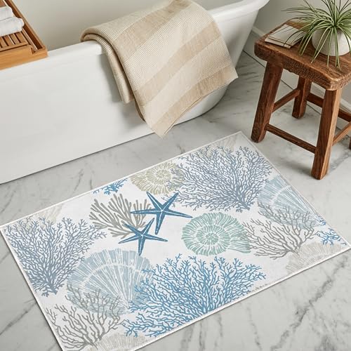Coastal Bathroom Mat 20x32in Blue Seashel Beach Ocean Soft Thin Bathroom Rugs Fit Under Door Absorbent Non Slip Washable Bath Rugs for Bathtub Shower Sink (Blue, 20x32in) - color: Blue
