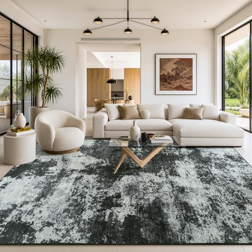 Merelax 8x10 Back Grey Washable Area Rug Non-Slip Faux Wool Abstract Rug - color: Black Grey, size: 8' x 10'(96''x120'')