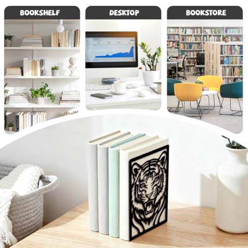 Peacoblue 5.3"x4.3"x7.9" Metal Bookends, Heavy Duty Book Ends for Shelves - style: Tiger Head