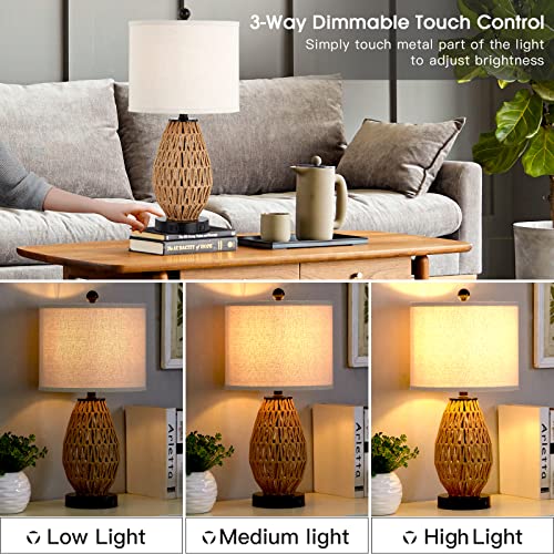 CINSARY Touch Control Rattan Table Lamps, 3 Way Dimmable Bedside Lamps for Bedroom Set of 2 with 2 USB Ports and AC Outlet, Wicker Nightstand Lamps for Living Room (LED Bulbs Included), Rattan - color: Rattan