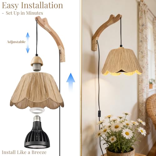 Hamilyeah Hanging Grow Light for Indoor Plants, Plug in Boho Wall Sconce Plant Light with 18W LED Grow Bulb, Woven Raffia Shade & Wood Bracket, Adjustable Wall Lamp for Bedroom Living Room
