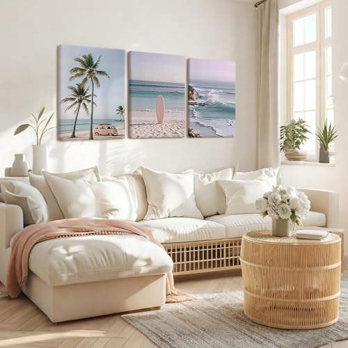 HCJWCXD 3 Pcs Coastal Beach Canvas Wall Art Boho Beach Scene 12x16 Inch - color: Pink car, size: 12x16 Inches