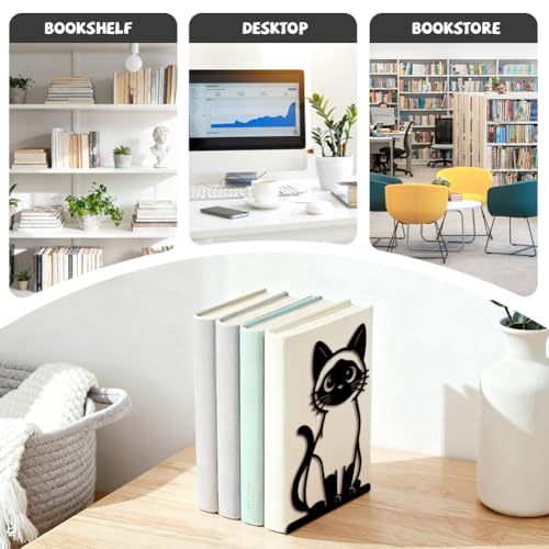 Peacoblue 5.3"x4.3"x7.9" Metal Bookends, Heavy Duty Book Ends for Shelves - style: Siamese Cat