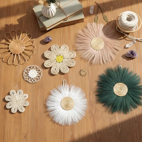 Chunful 7 Pcs Boho Wall Basket Decor Rattan Flower, Emerald Green - color: Emerald Green
