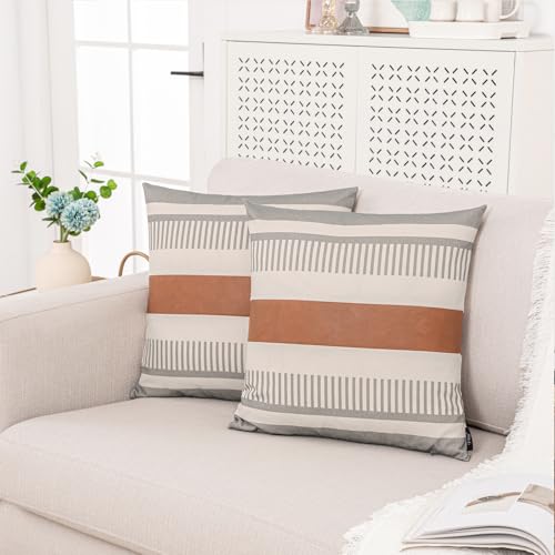 2 Pack 20x20 Inch Pillow Covers - Brown Faux Leather & Gray Stripe Print Soft Canvas Splicing, Same Pattern Both Sides | for Sofa Couch Bed Living Room, Farmhouse Industrial Minimalist Decor - color: Grey and Beige, size: 20" x 20" (Pack of 2)