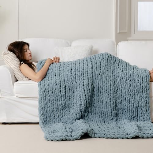 WESHIONGOO Chunky Knit Blanket Throw for Couch Bed 40"×40" Dusty Blue - color: Dusty Blue, size: 40"x40"(Small Size Throw)