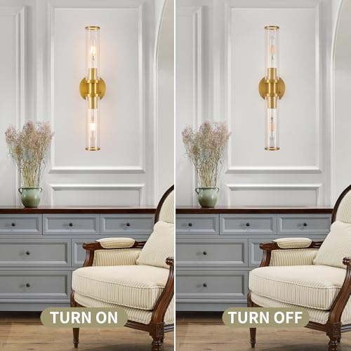 Battery Operated Wall Sconces Set of 2 with Remote Control, Gold, 8000mAh - color: Gold(Clear Tubular Lampshade)