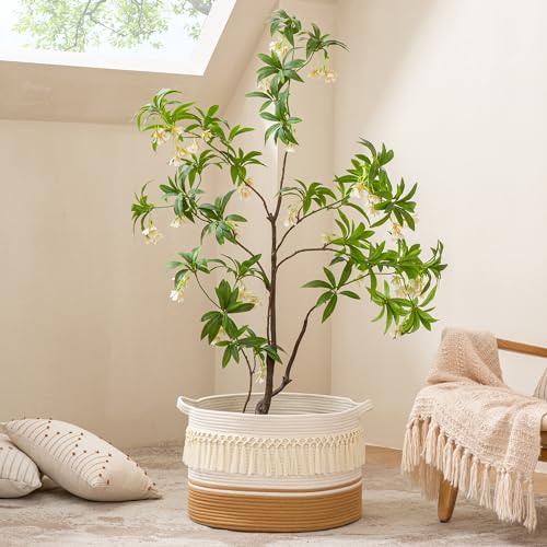 KAKAMAY Large Blanket Basket (20"x13"),Woven Baskets for storage Baby Laundry Hamper, Cotton Rope Blanket Basket for Living Room, Laundry, Nursery, Pillows, Baby Toy chest (White Fringe) - color: White Fringe