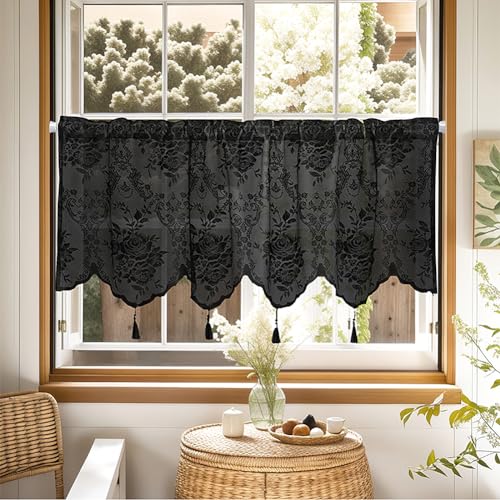 Molaxhome Homey Sheer Embroidered Flowers Vine Valance Window Treatment - color: A634black, size: 52"W x 18"L (Pack of 1)