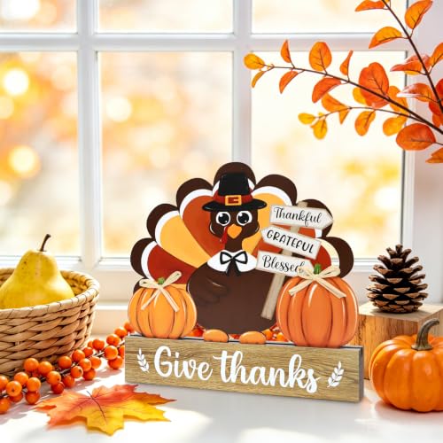 Thanksgiving Decorations Turkey Wooden Table Sign Fall Thanksgiving Turkey Tray Home Centerpiece Autumn Tabletop Rustic Farmhouse Pumpkin Decor for Give Thanks Harvest Indoor Office Shelf Party