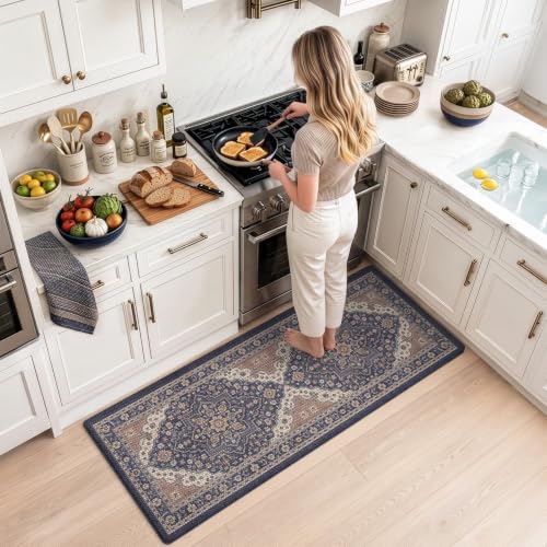 LUMI Kitchen Floor Mat Cushioned Anti Fatigue Runner Rug, 24"x59" - color: Navy & Taupe, size: 59"L x 24"W x 0.4"Th