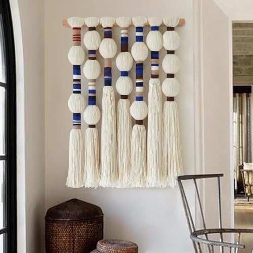 Macrame Wall Hanging Blue Handmade Yarn with Ball Tassels 15.7" Wx 21.6" L - color: Blue