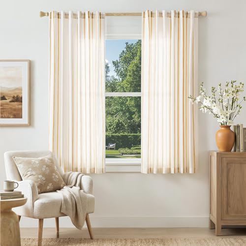 Vangao Striped Curtains Yellow on White Semi Sheer Curtains 63 Inches Long - color: Shadow Striped| Mustard Yellow on Off White, size: 50"W x 63"L (Pack of 2)