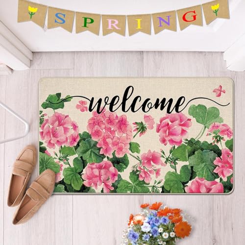 Welcome Spring Summer Geranium Flower Decorative Front Door Mat - color: Pink, size: 2' X 2'11" (Rectangular)