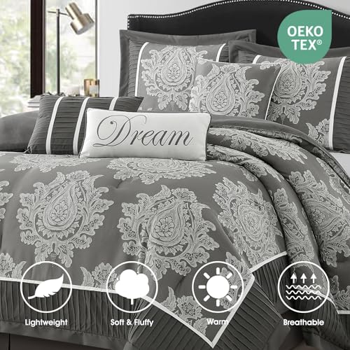 LANCO MODERN LIFESTYLE Grey Queen Comforter Set 7 Pieces, Jacquard Woven with Damask, Bedding Set in a Bag Includes Comforter, Bed Skirt, Pillow Shams, and Decorative Pillows - color: Grey, size: Queen