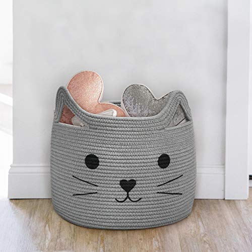 Large Woven Rope Cat Toy Basket with Cat Face Design, Grey - color: Gray, size: 15.7"W x 11.8"H