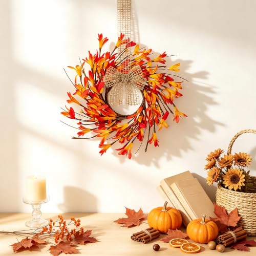 2PCS 9" Mini Fall Wreaths for Kitchen Cabinets Fall Wreaths for Front Door with Gradient Red Orange Yellow Florals & Mixed Berries with Ribbon for Farmhouse Home Wall Window Festival Wedding Decor - size: Small Fall Wreath